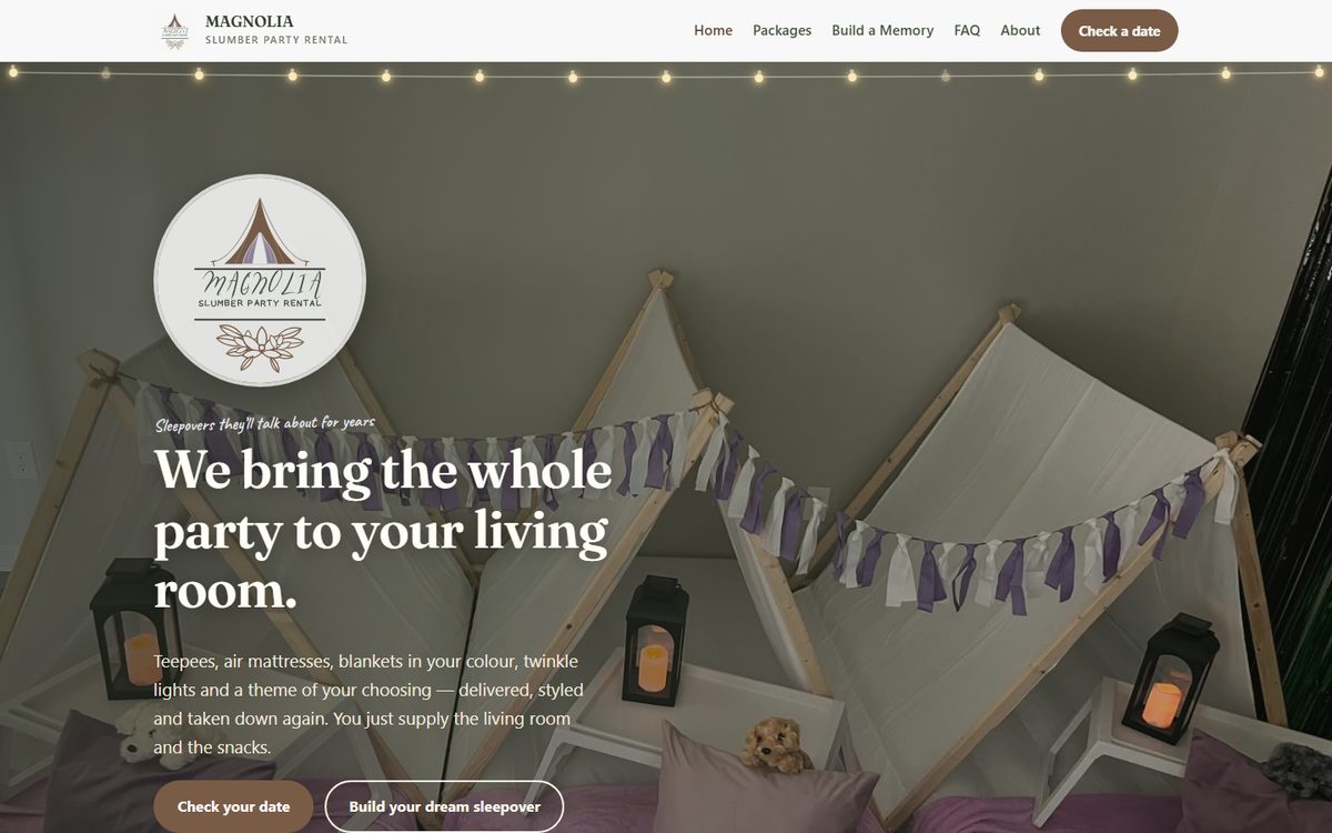 The Magnolia Slumber Party Rental homepage, showing white canvas teepees with lavender garlands and the headline We bring the whole party to your living room
