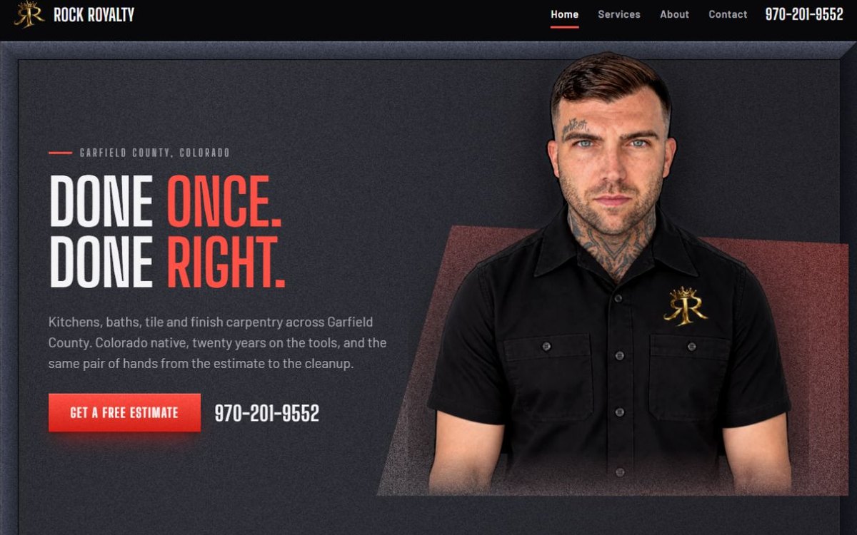 The Rock Royalty homepage, showing the headline Done once. Done right. over a dark layout with a portrait of the owner in a branded work shirt